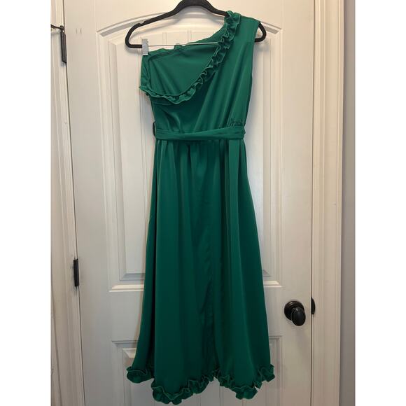 Unbranded Women’s Date Night One Shoulder Belted Flowy Maxi Dress Size L Green - Picture 6 of 9